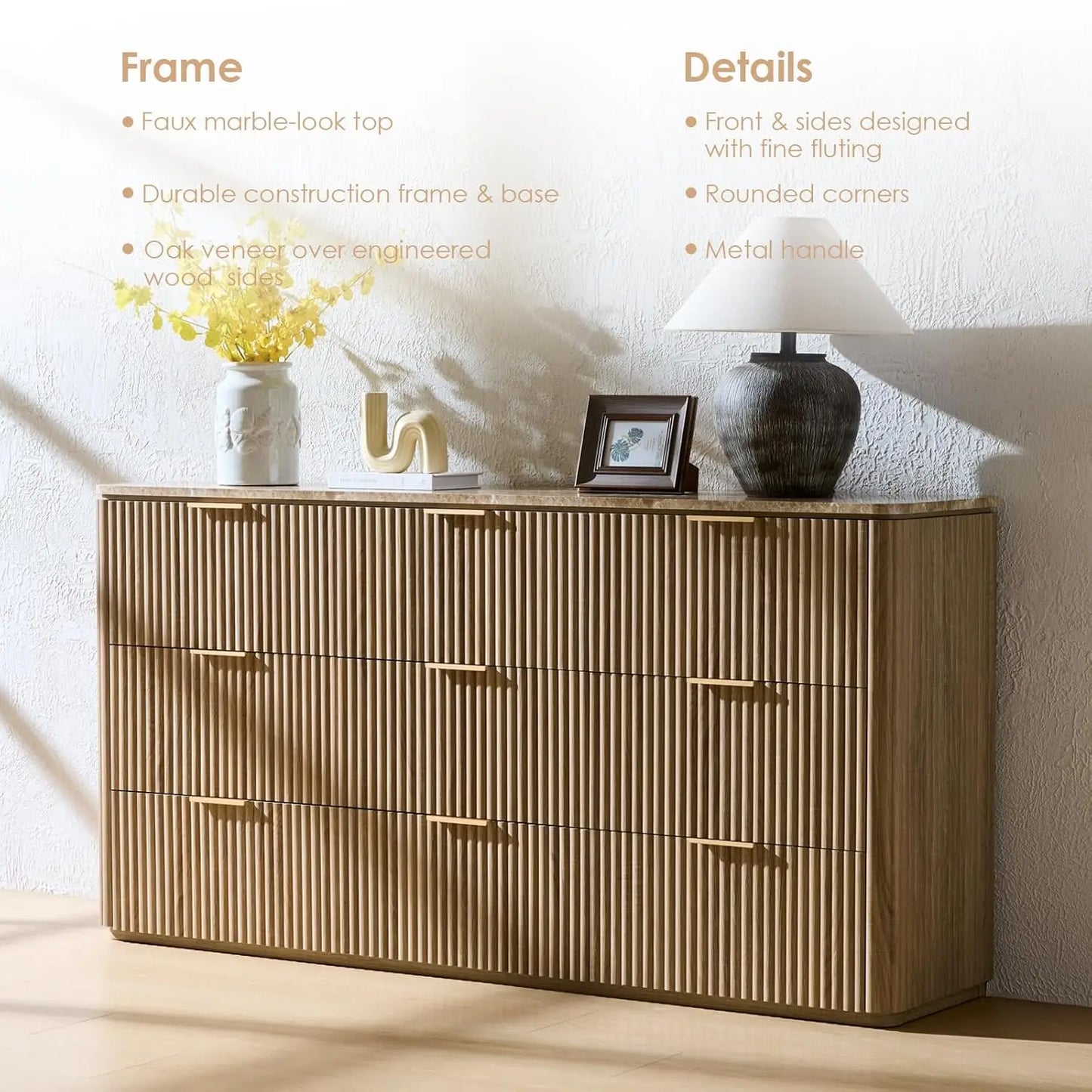 Modern Fluted 9 Drawer Dresser With Faux Marble Top And Curved Corners