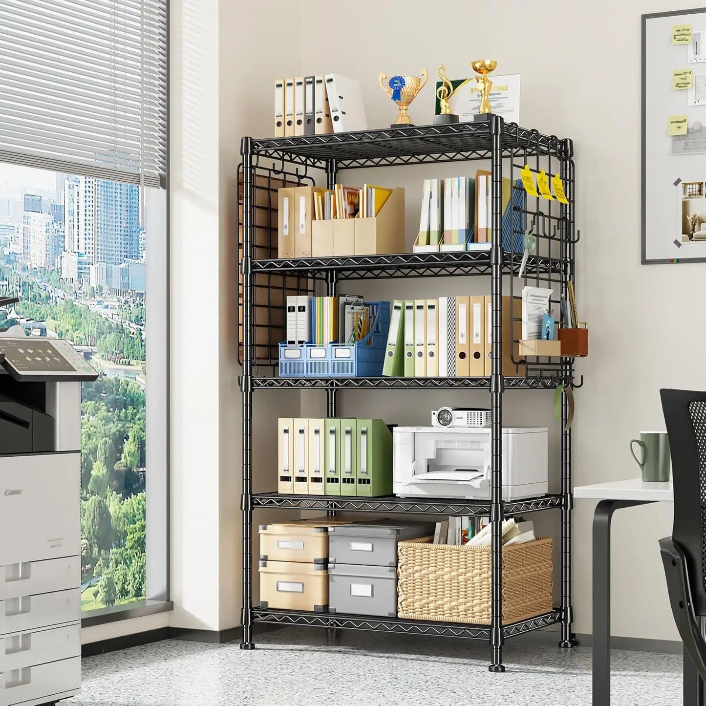 5 Tier Stainless Steel Shelving With Side Hanging Net Hooks For Kitchen