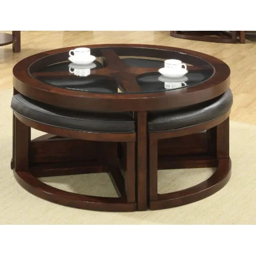 Traditional Coffee Table Set With Beveled Glass Top And Ottoman