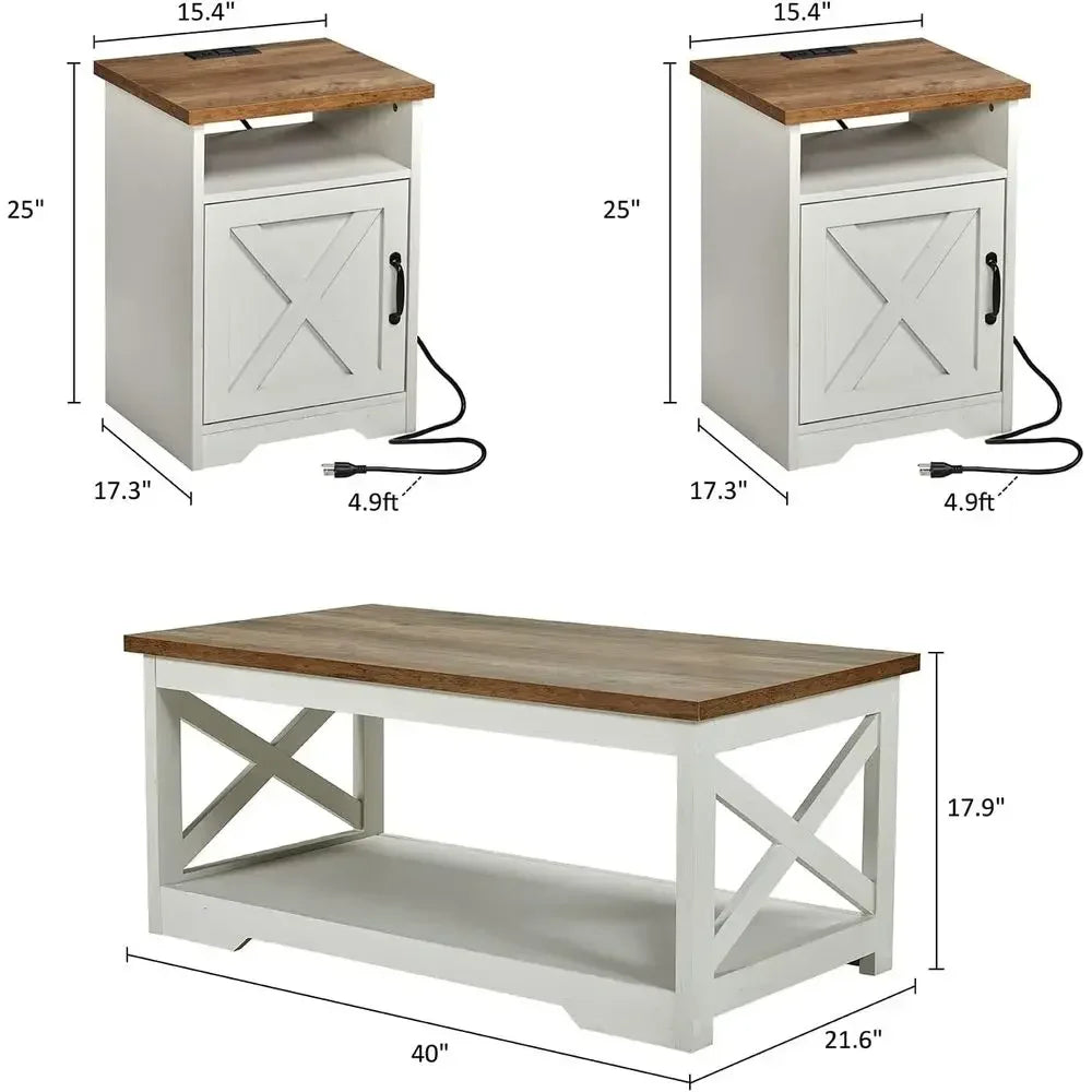 3 Piece Living Room Table Set With Coffee Table And End Tables USB Ports