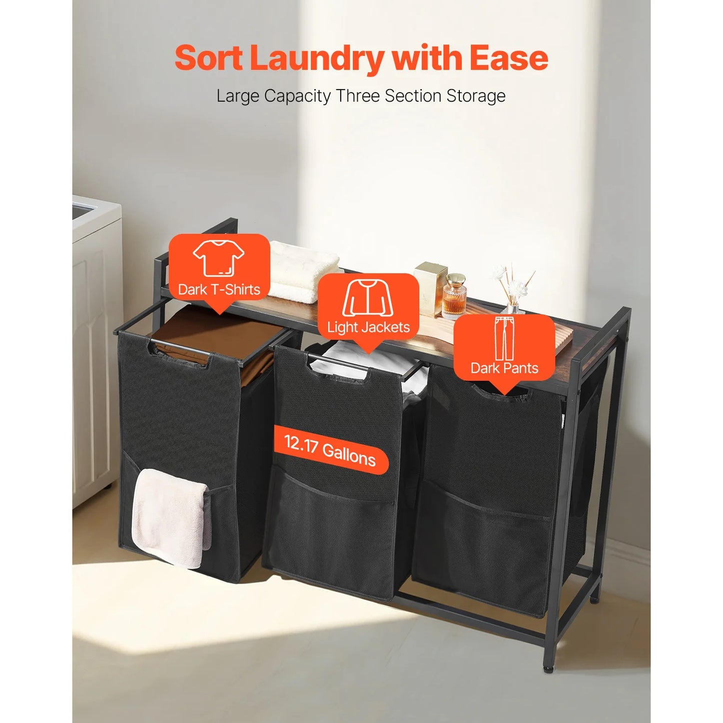 SucceBuy Laundry Sorter Hamper With Metal Frame Freestanding Organizer Baskets