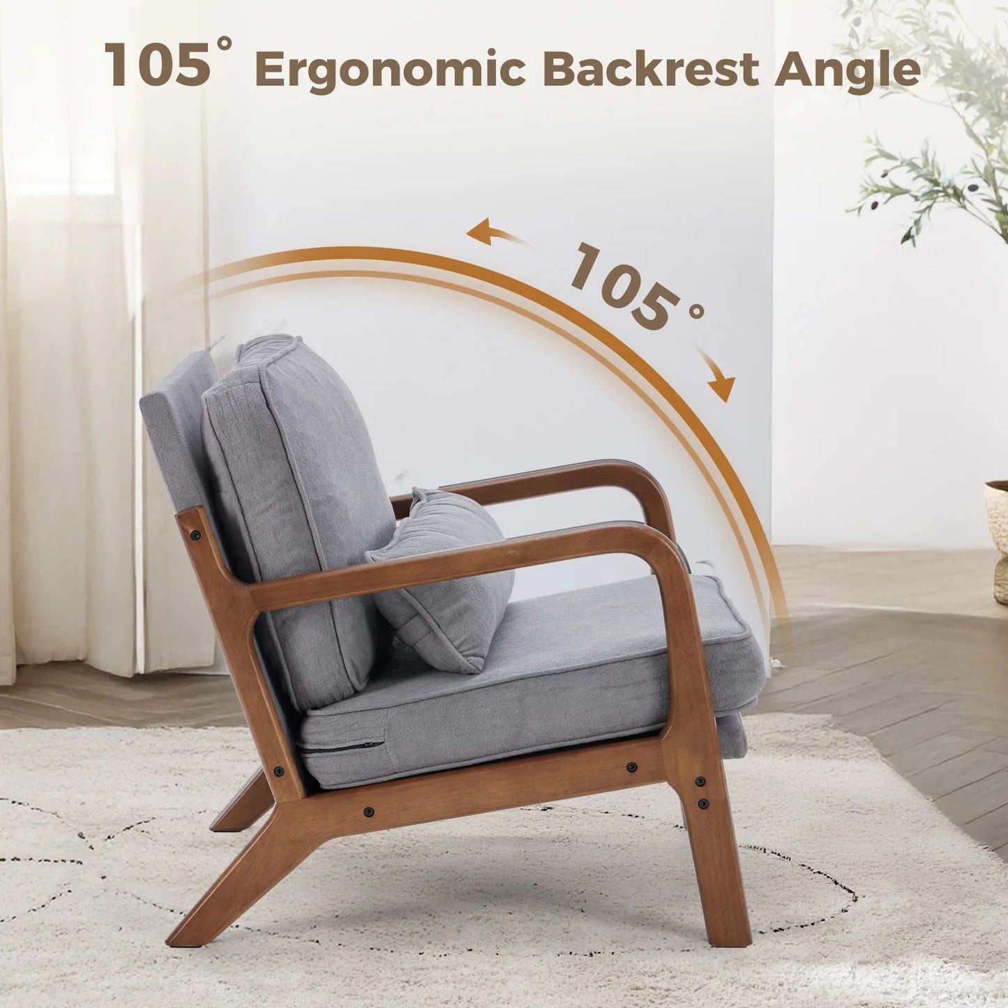 JHK Mid Century Modern Wood Frame Accent Chair With Arms Reading Chair