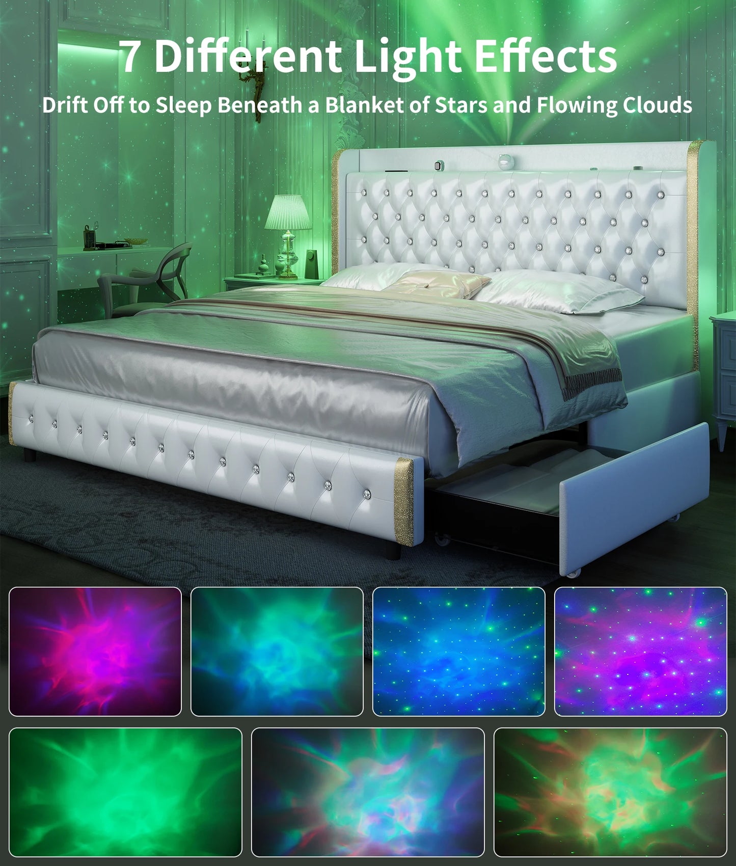 GEGOFORU Queen LED Bed Frame With Galaxy Projector Bluetooth Speaker USB Ports
