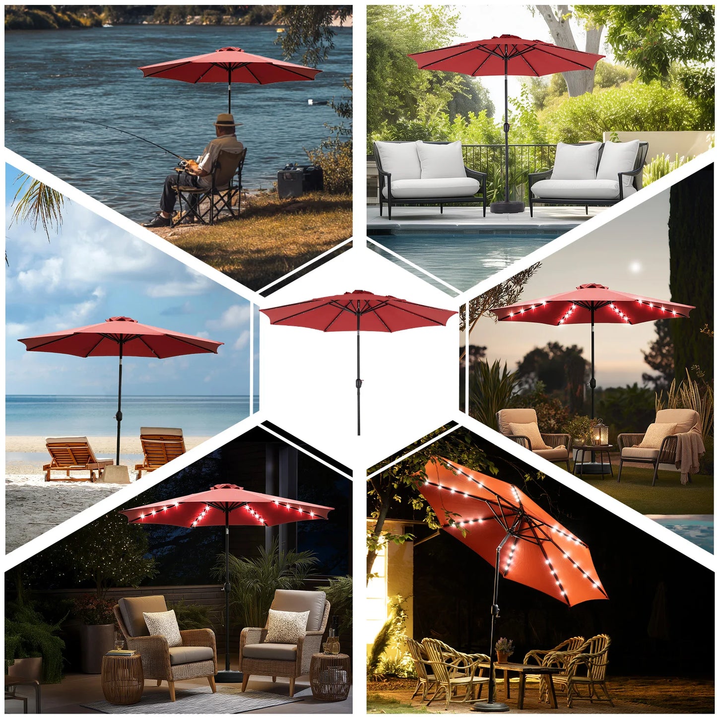 JHK Solar Patio Umbrella With LED Lights UV Resistant Tilt