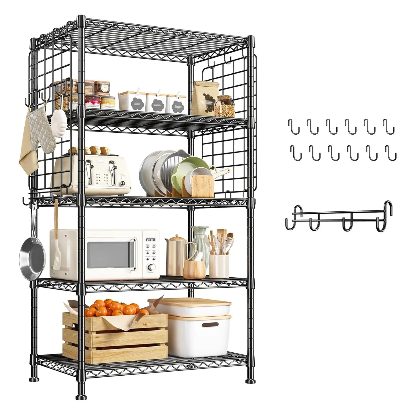 5 Tier Stainless Steel Shelving With Side Hanging Net Hooks For Kitchen