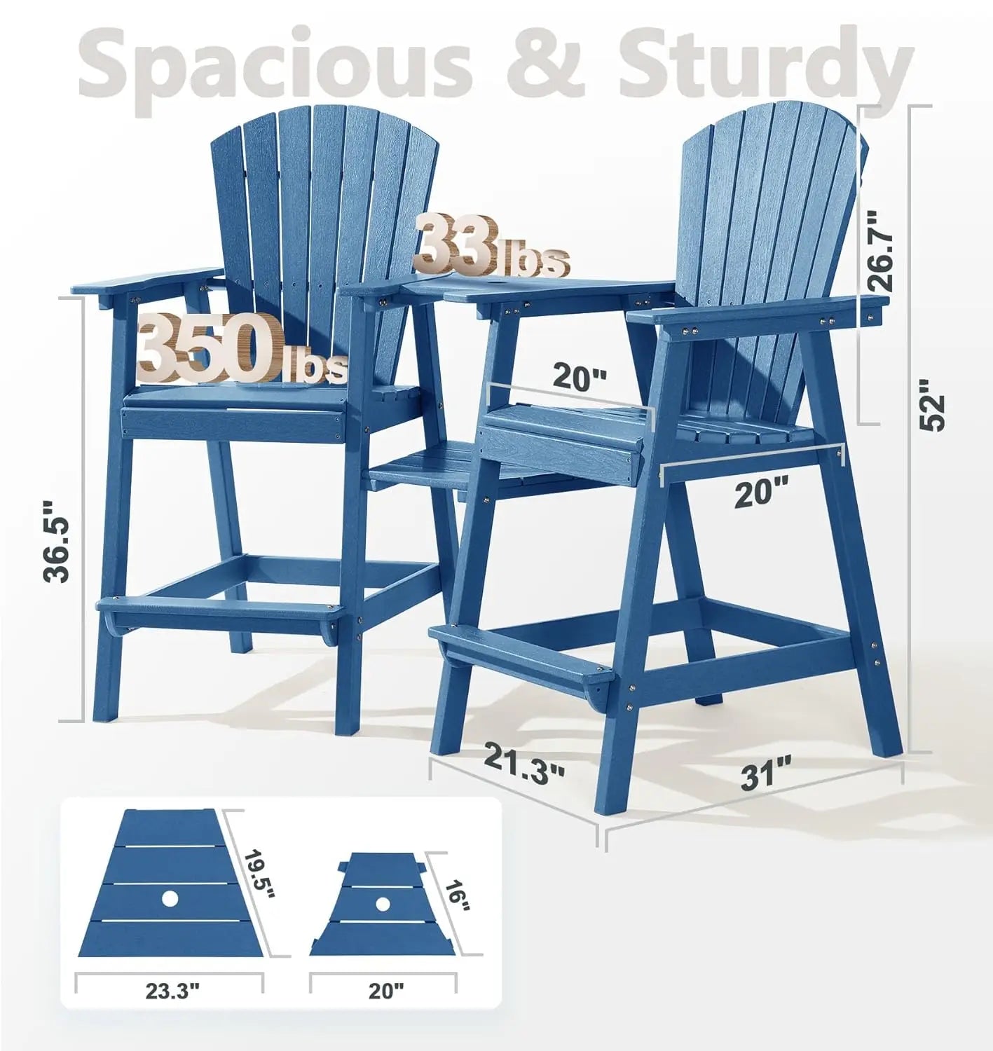 Bar Height Adirondack Chair Set Double Tray All Weather HDPE