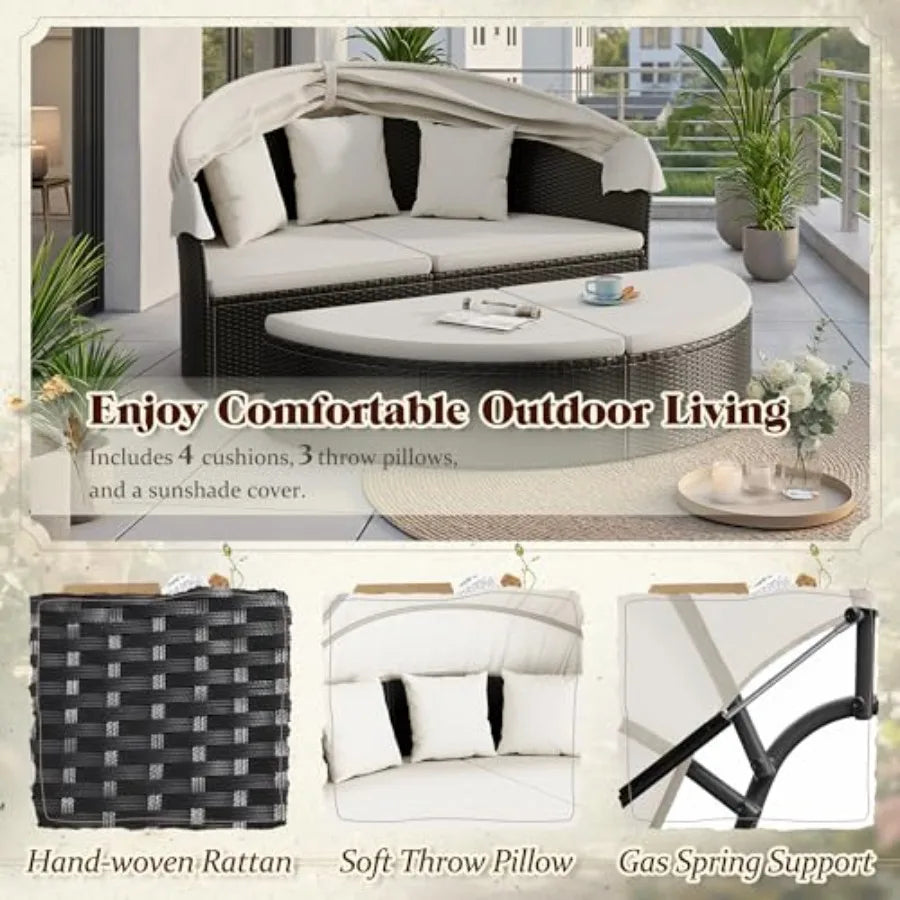 MDNG Outdoor Patio Round Daybed With Retractable Wicker Canopy