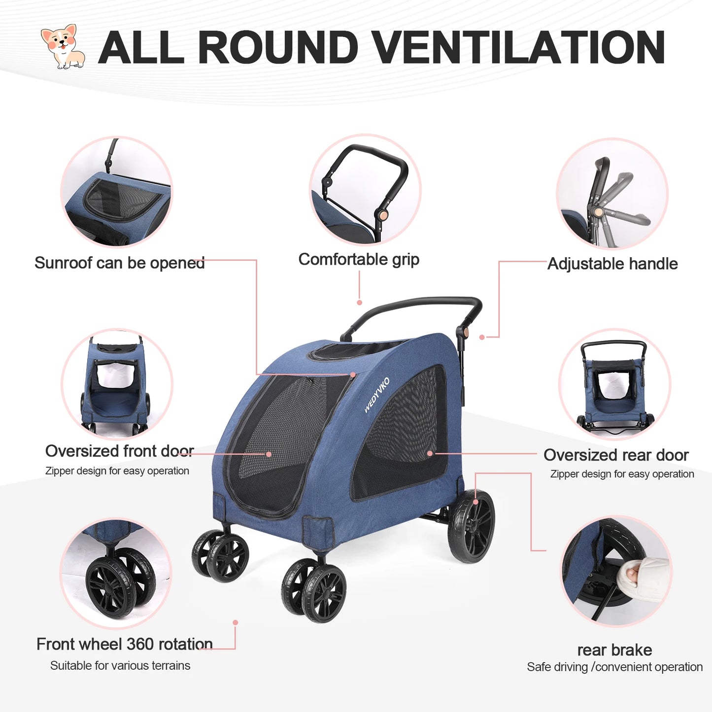 Heavy Duty Large Dog Stroller Foldable Wagon With 360Degree Wheels
