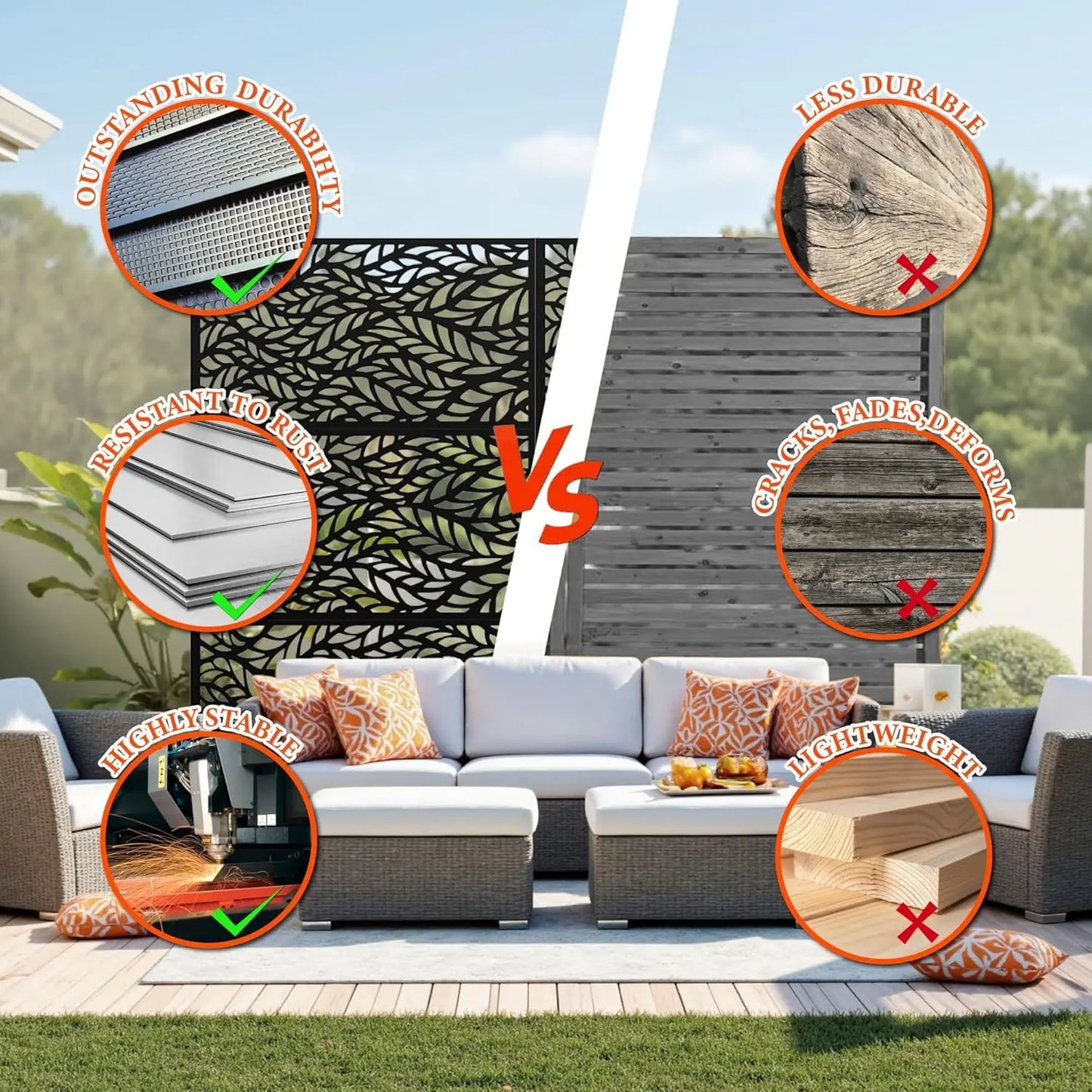 Hibest 3-Panel Freestanding Metal Privacy Screen Panel For Patio