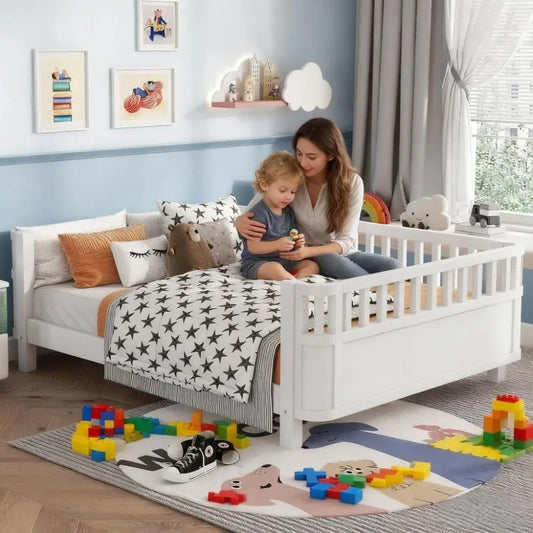 Modern Pine Wood Kids Floor Bed With Side Rails And Slats