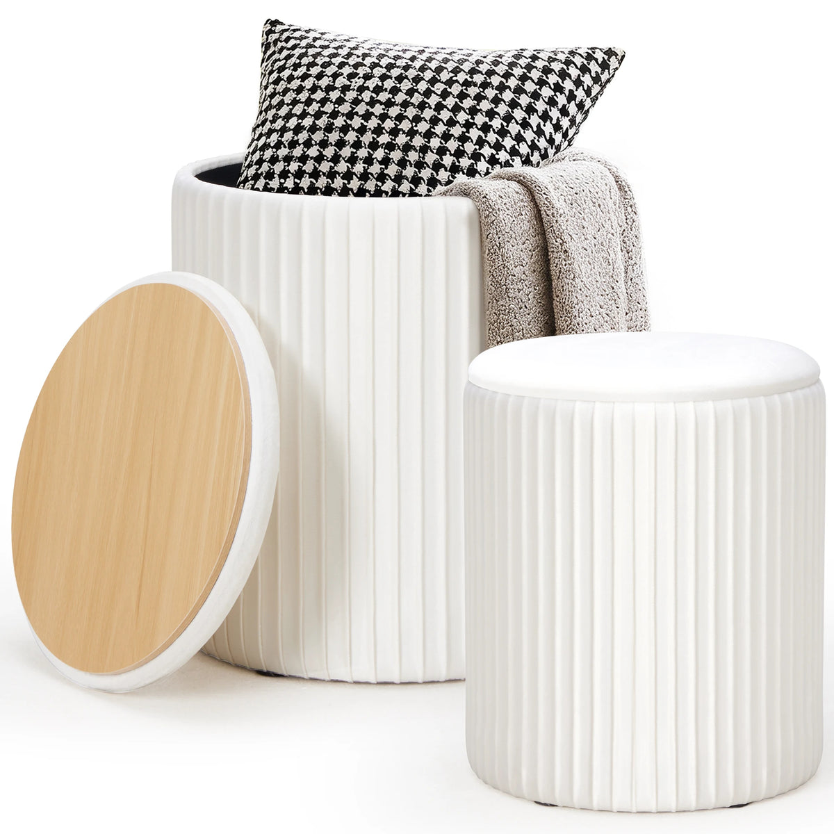 JHK Round Wooden Ottoman With Hidden Storage Footstool Set