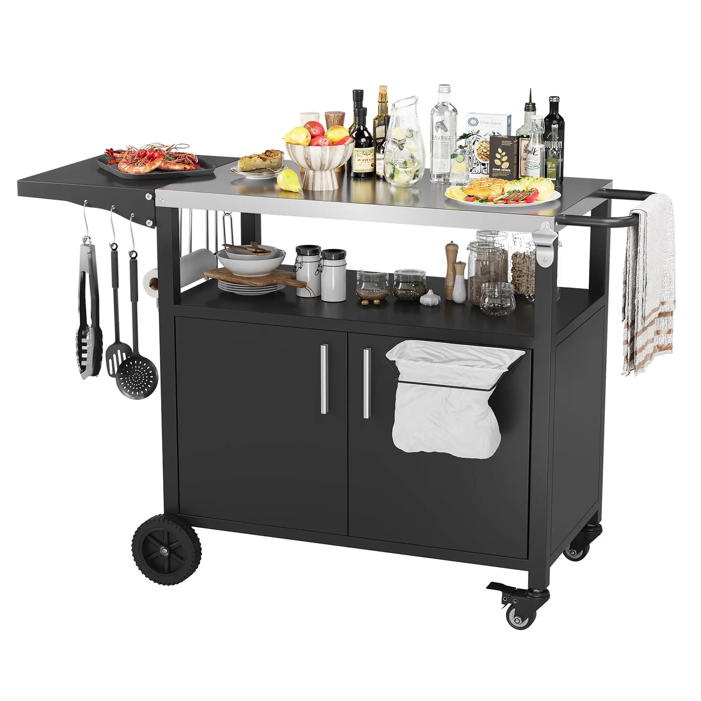 Outdoor Grill Cart Storage Kitchen Island With Foldable Steel Top