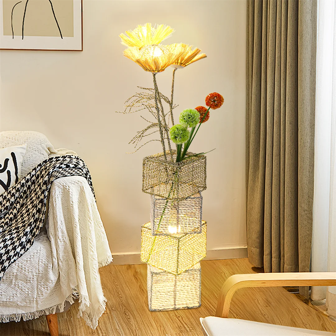 Contemporary Rattan Floor Lamp With Iron Base Decor