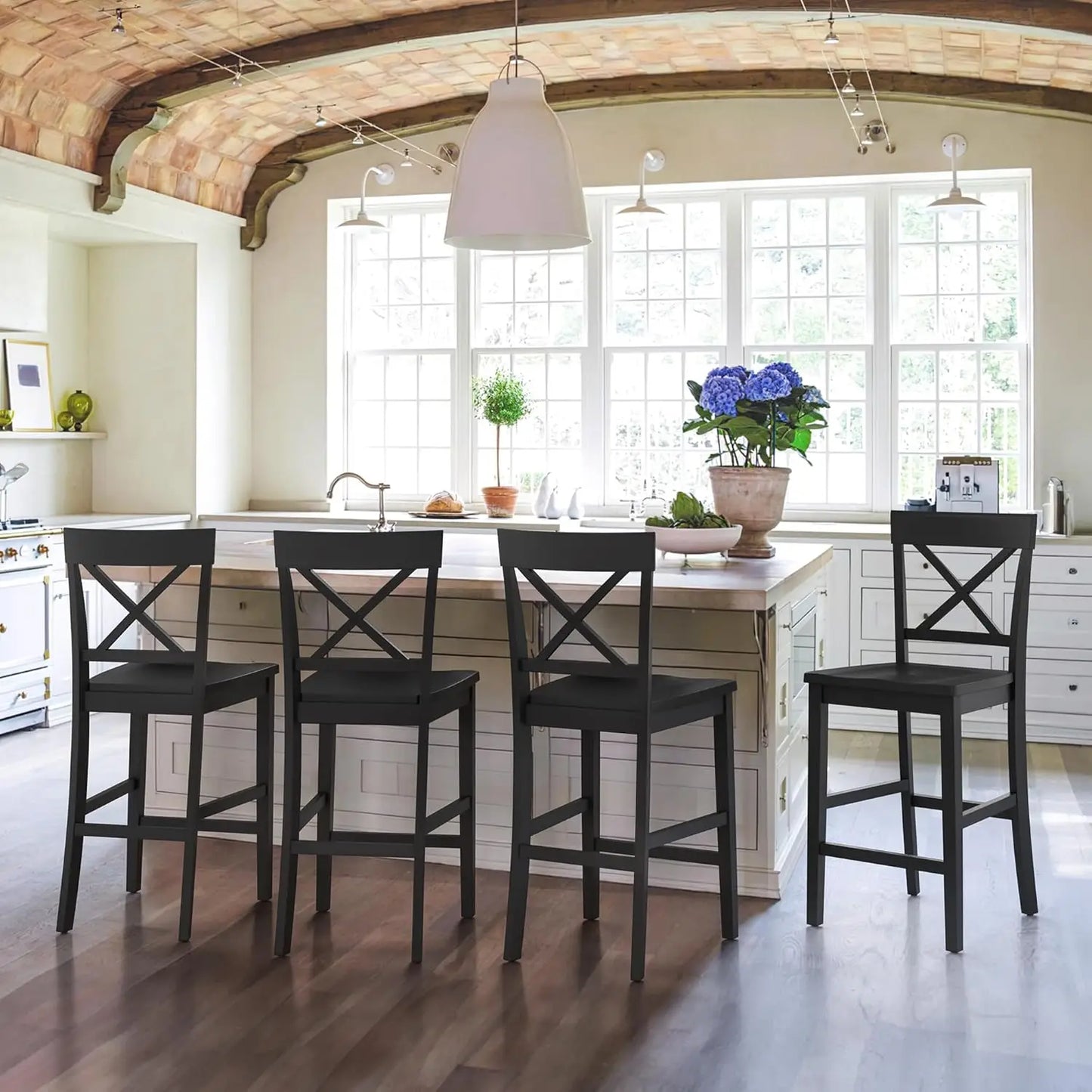 Wooden Counter Stools Set Of 4 X Back With Back And Footrest For Kitchen Island