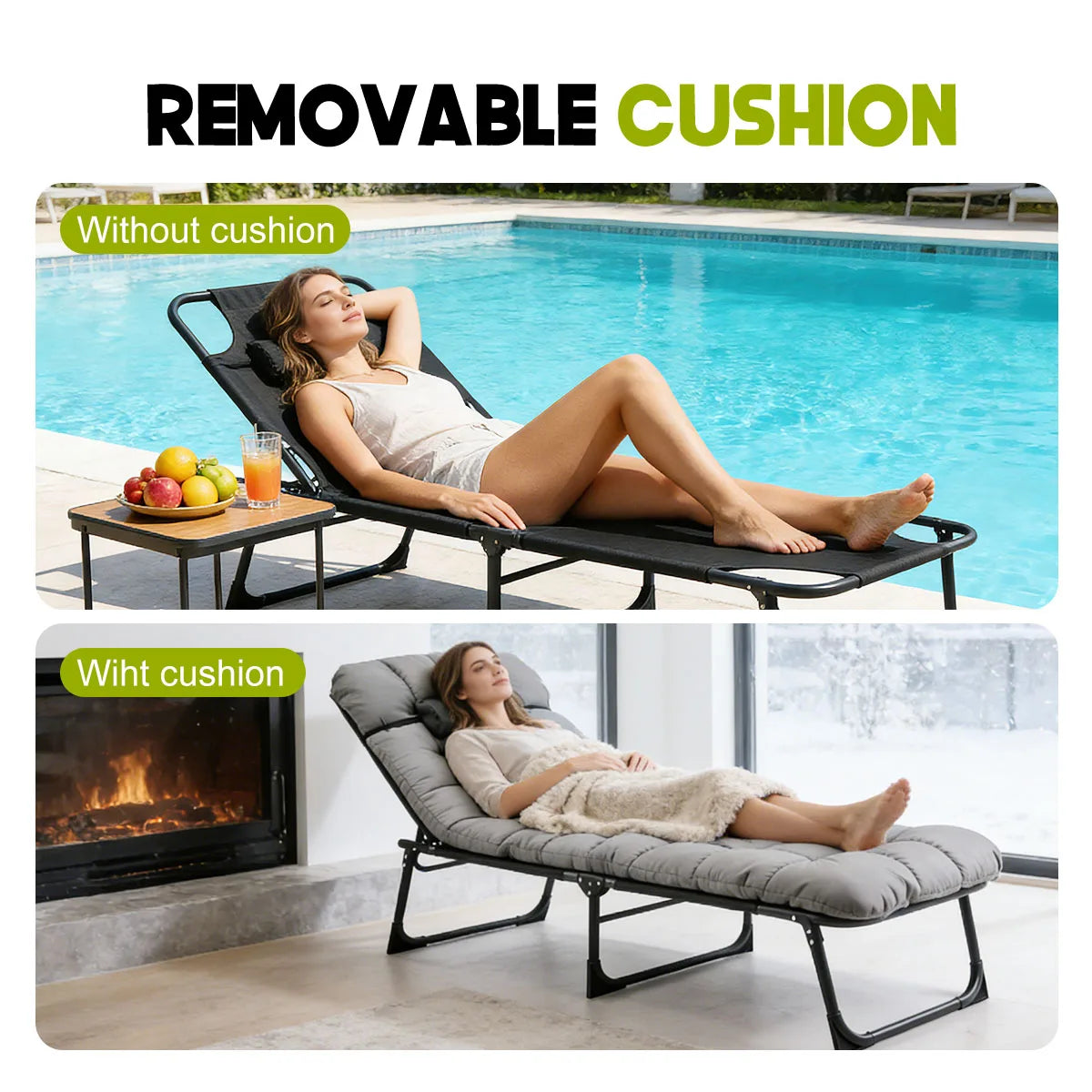 Adjustable Folding Camping Lounge Chair With Removable Soft Cushion And 3 Position Reclining
