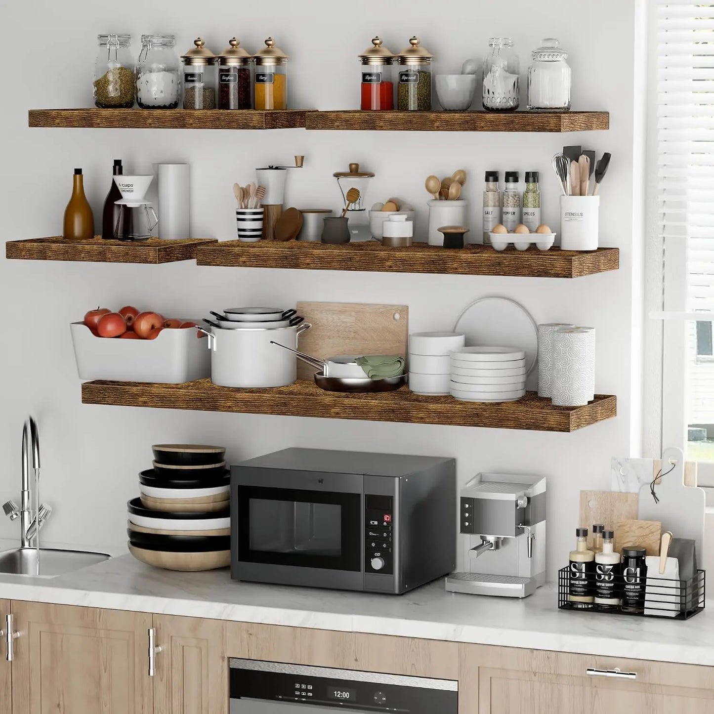 Rustic Wooden Floating Shelves Wall Mounted Living Room Kitchen