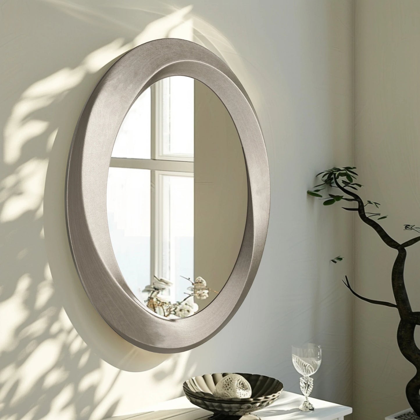 Oval Wall Mirror With Beveled Edge And Curved Frame