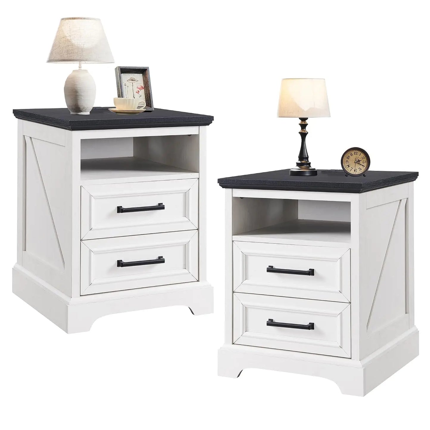Farmhouse Nightstands Set Of Two Drawers And Charging Station