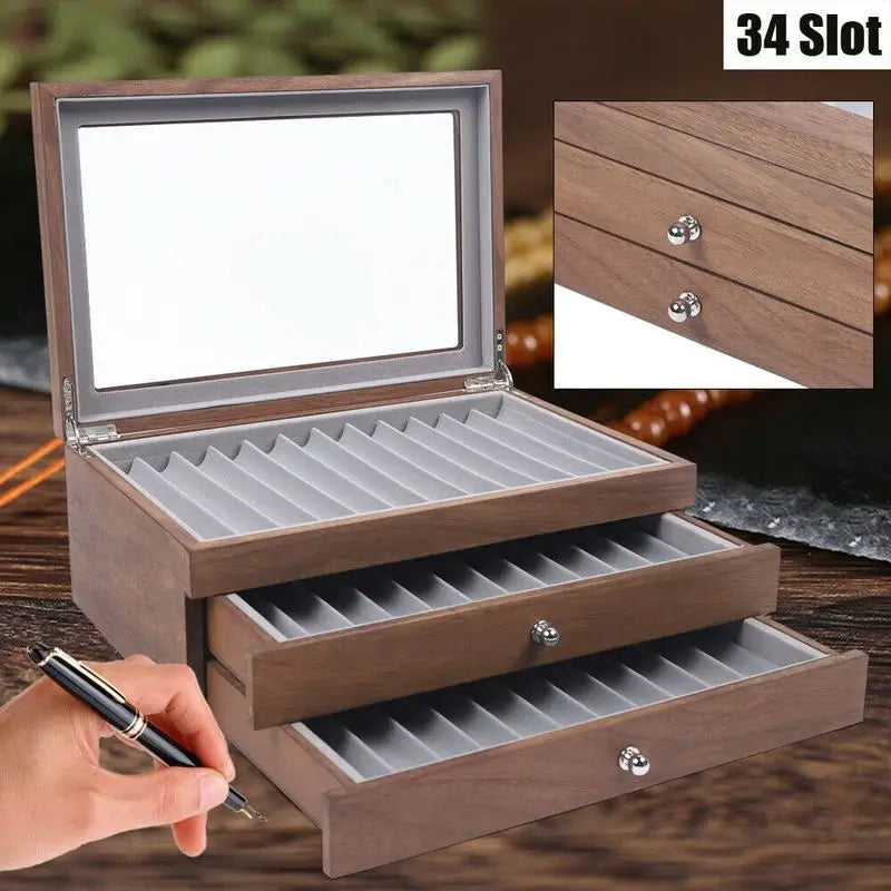 Pen Storage Case 34 Slots Wood Cabinet With Drawer