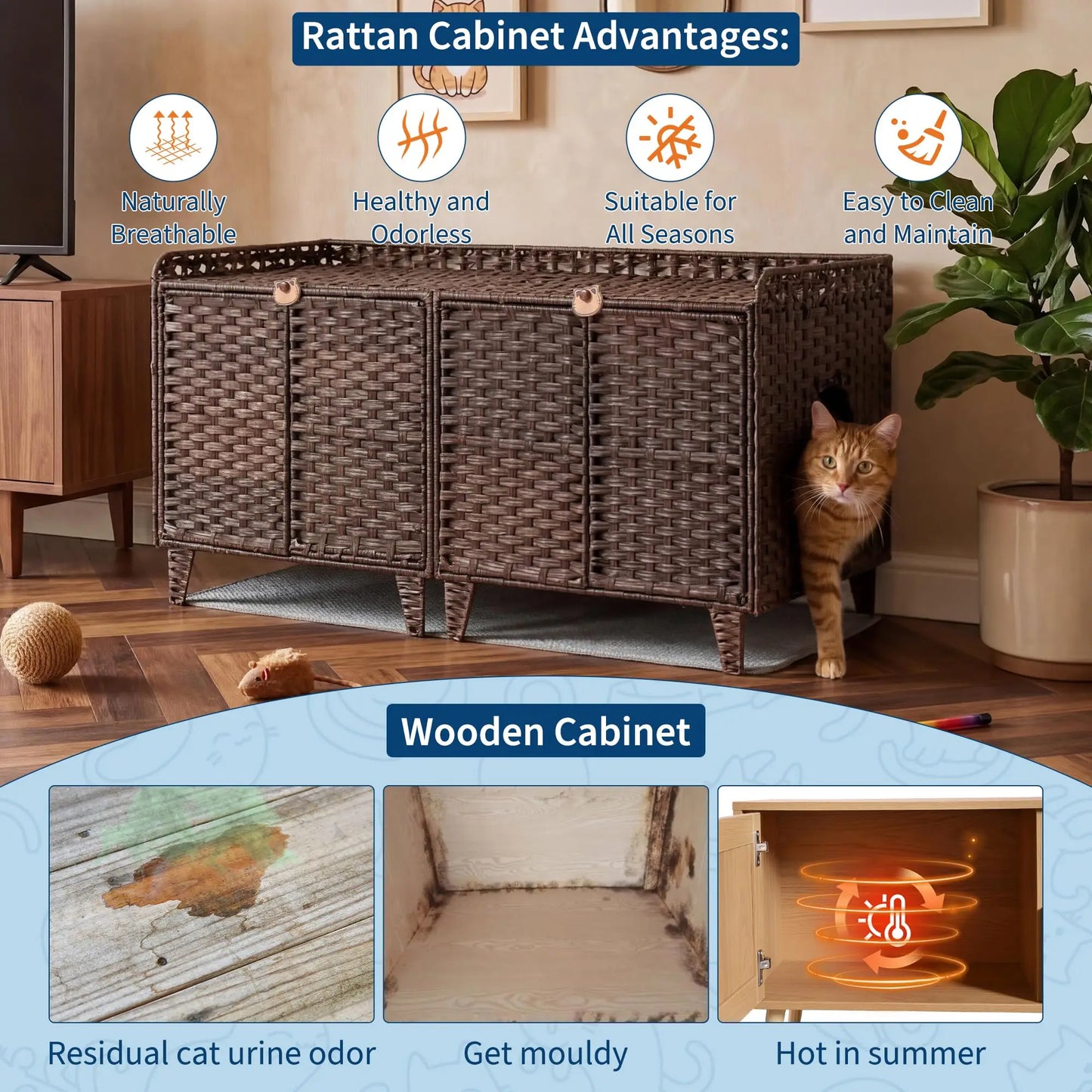 DishyKooker Litter Box Enclosure for Two Cats Rattan Cat Furniture