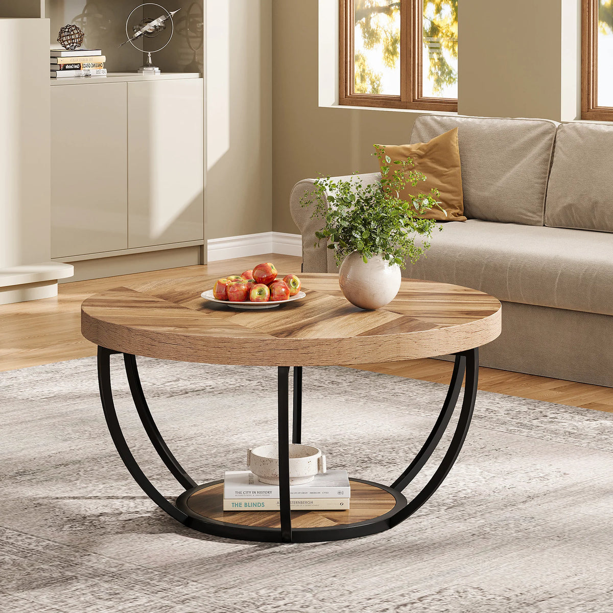 Tribesigns Industrial Round Coffee Table with Two Tier Storage Shelves