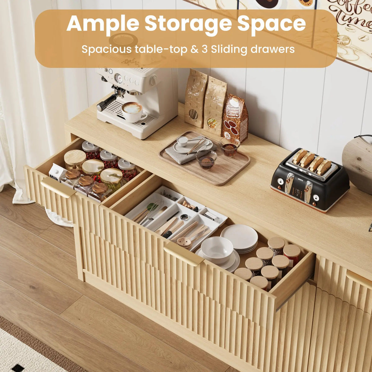 HiMISS Fluted Buffet Sideboard Cabinet With Drawers, Doors And Shelves