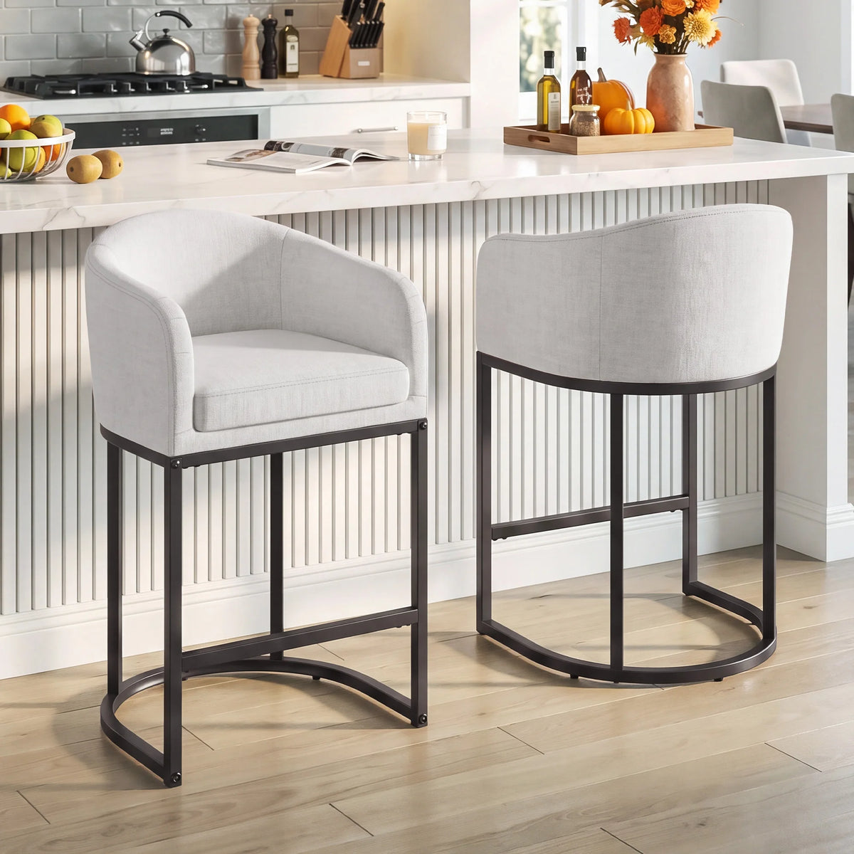 Modern Upholstered Counter Bar Stools With Curved Backrest And Armrests
