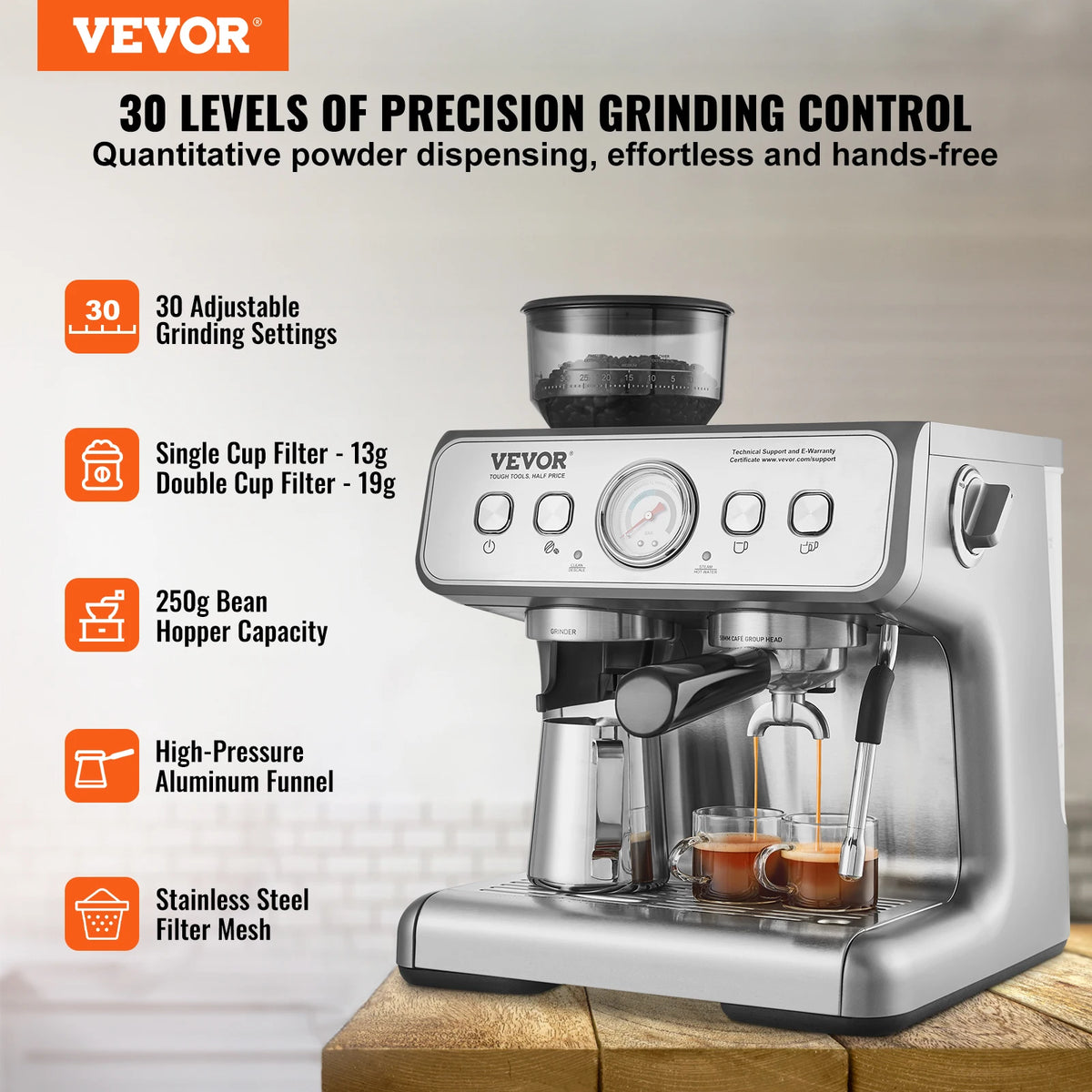 VeVOR 15 Bar Semi Automatic Espresso Coffee Maker With Grinder