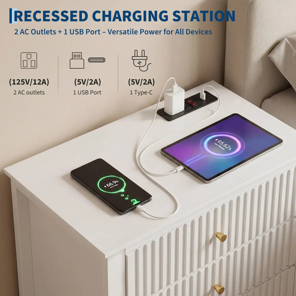 HiMISS Fluted Nightstand With Charging Station And Three Drawers