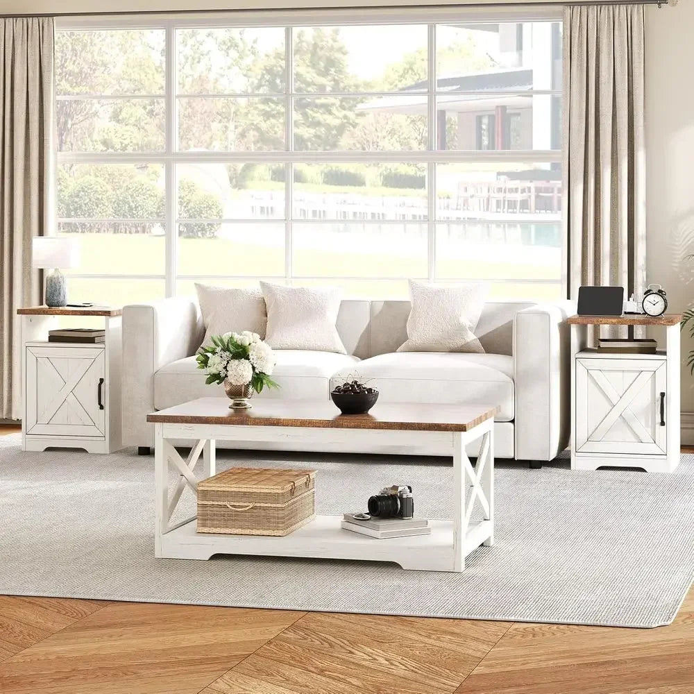 3 Piece Living Room Table Set With Coffee Table And End Tables USB Ports