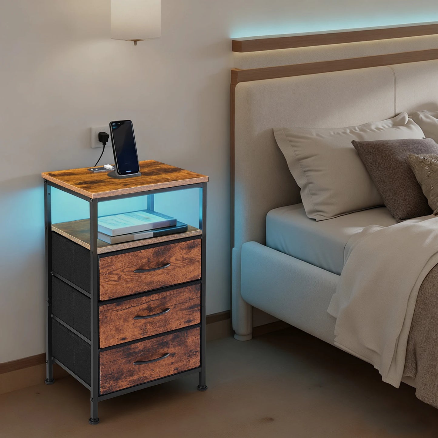MCQ 3 Fabric Drawers Cabinet With LED Charging Station Nightstand