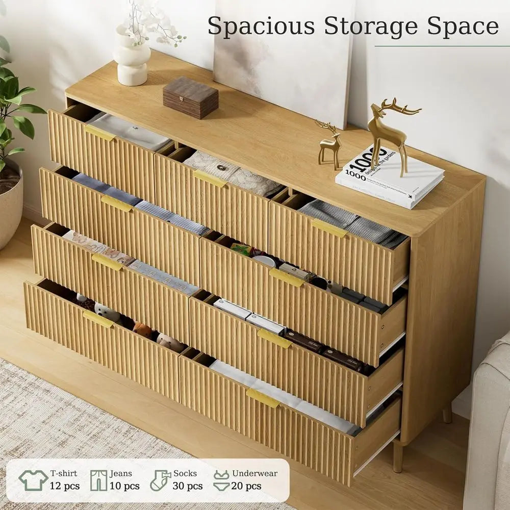Nine Drawer Dresser With Curved Profile And Metal Handles
