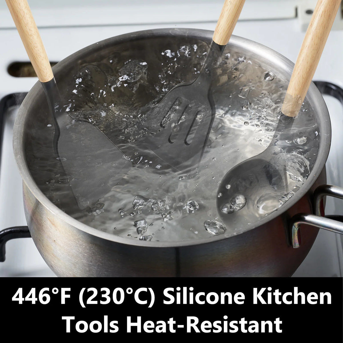 Koomade Silicone Cooking Utensil Set With Wooden Handles And Holder