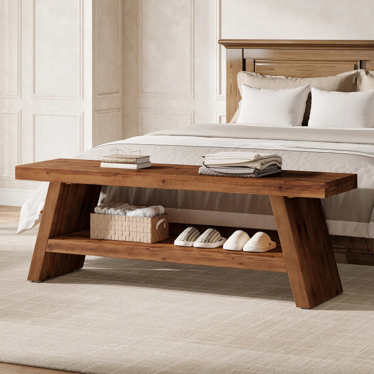 Tribesigns Solid Wood Entryway Bench 2 Tier Shoe Storage