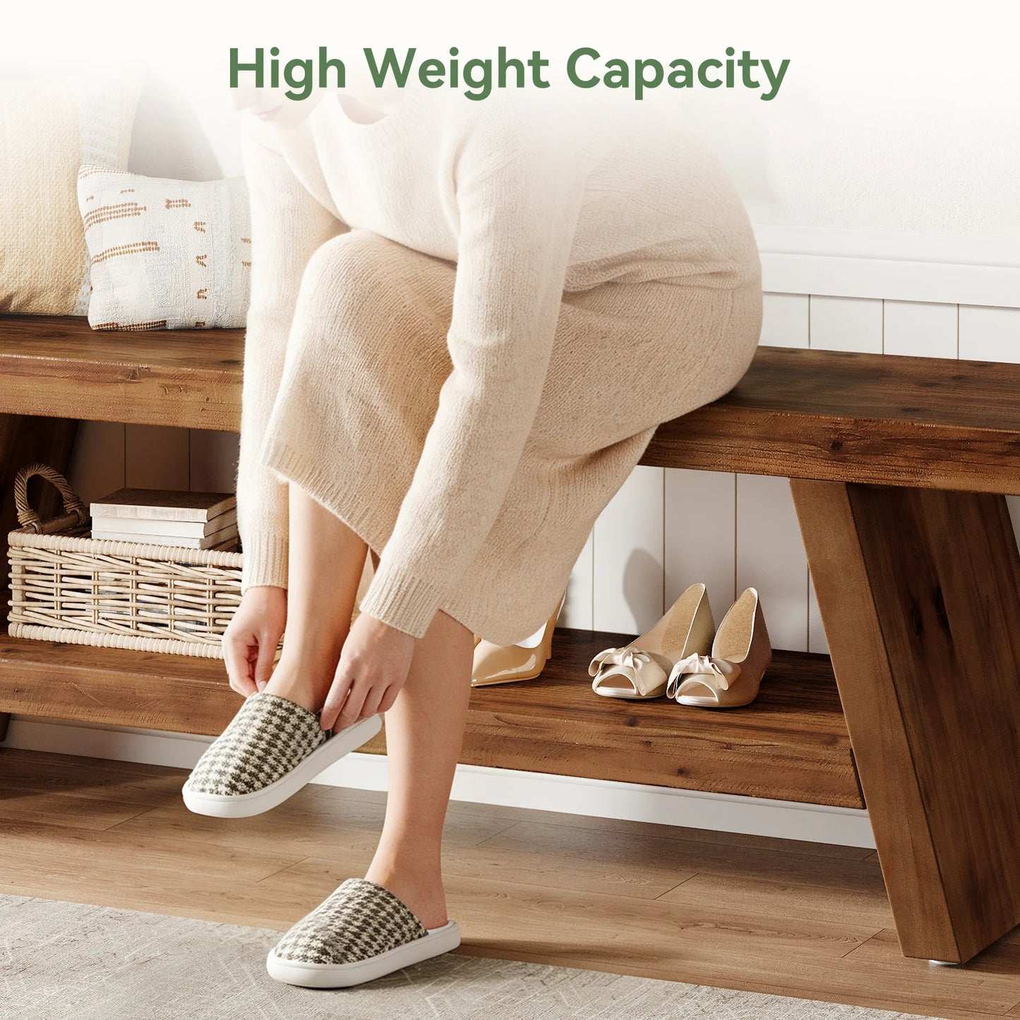 Tribesigns Solid Wood Entryway Bench 2 Tier Shoe Storage