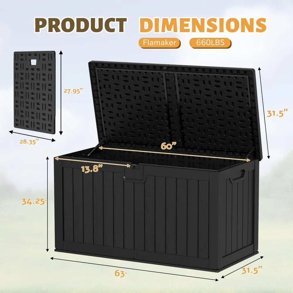Resin Deck Box 250 Gallon, Waterproof ImitationWood Lockable Storage Box with Separator Plate Outdoor Indoor, Garden, Patio Fur
