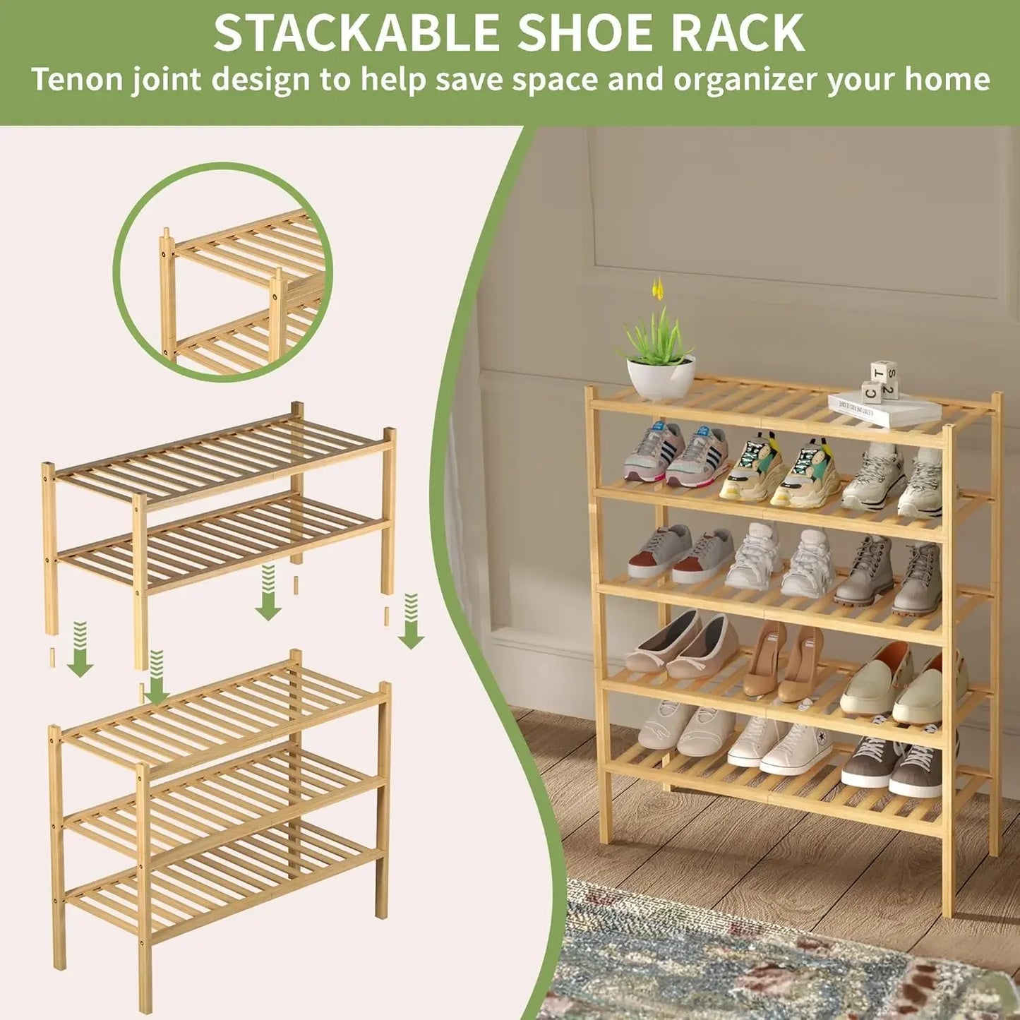 3 Tier Bamboo Shoe Rack Free Standing Organizer For Entryway