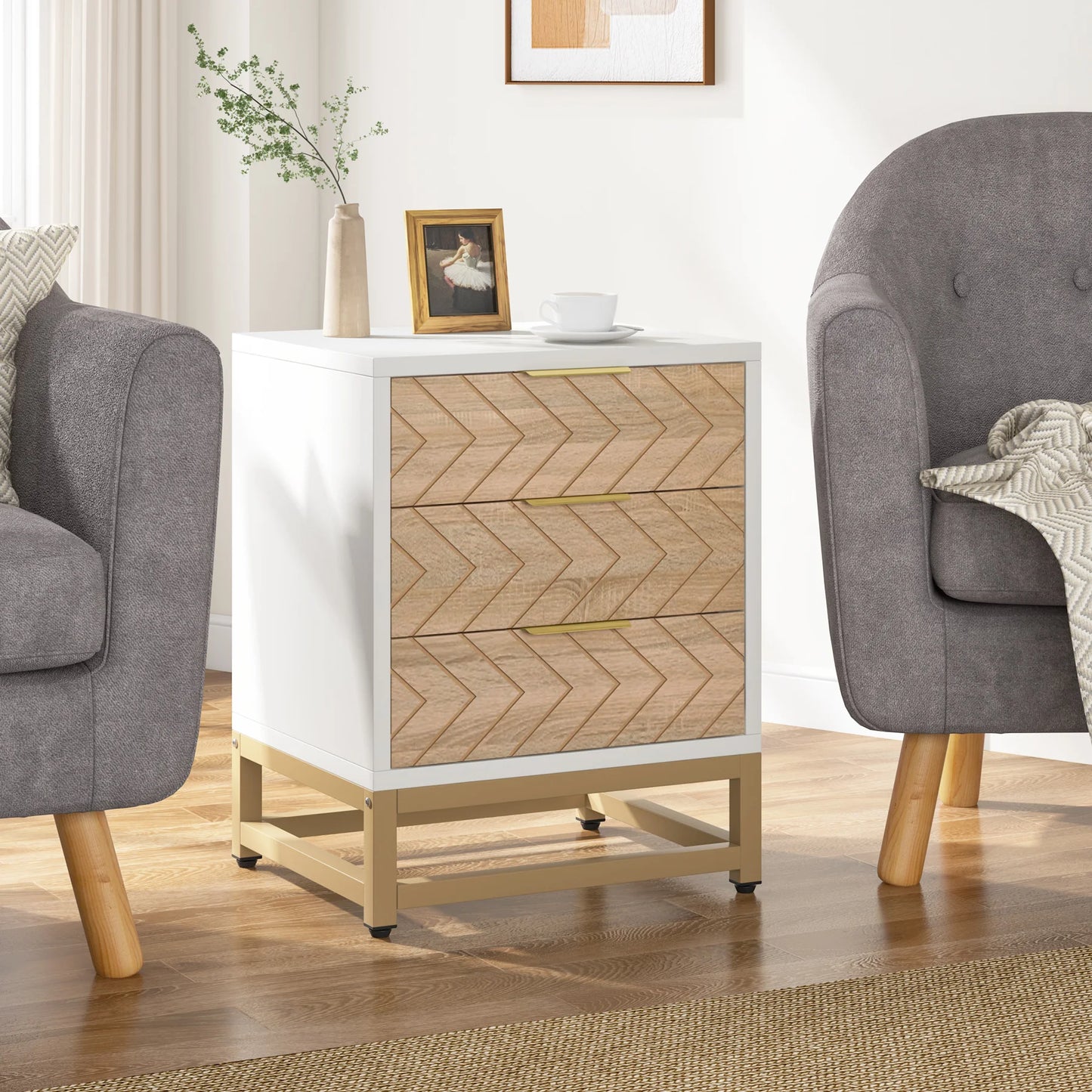 Tribesigns 3 Drawer Nightstands Set of 2 With Chevron Design
