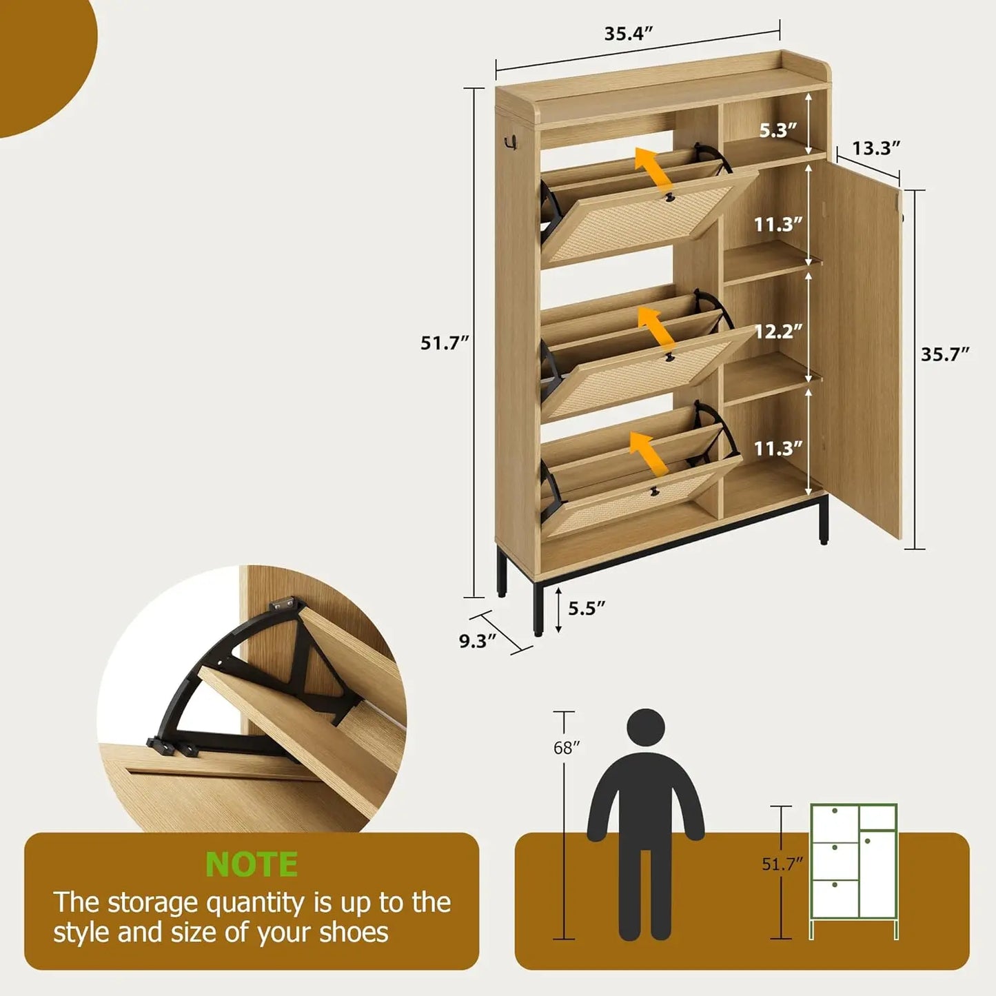 Rattan Shoe Cabinet With Four Tier Storage And Flip Drawers