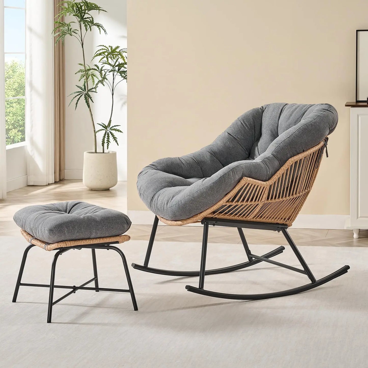 ONBRILL Papasan Rocking Chair With Ottoman Outdoor Wicker Rattan Lounge