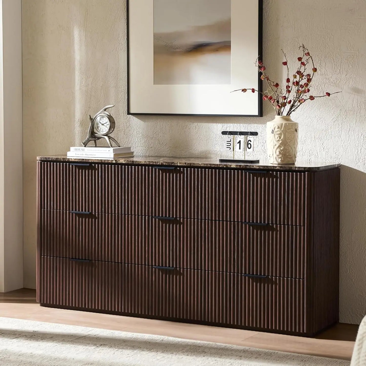 Modern Fluted 9 Drawer Dresser With Faux Marble Top And Curved Corners