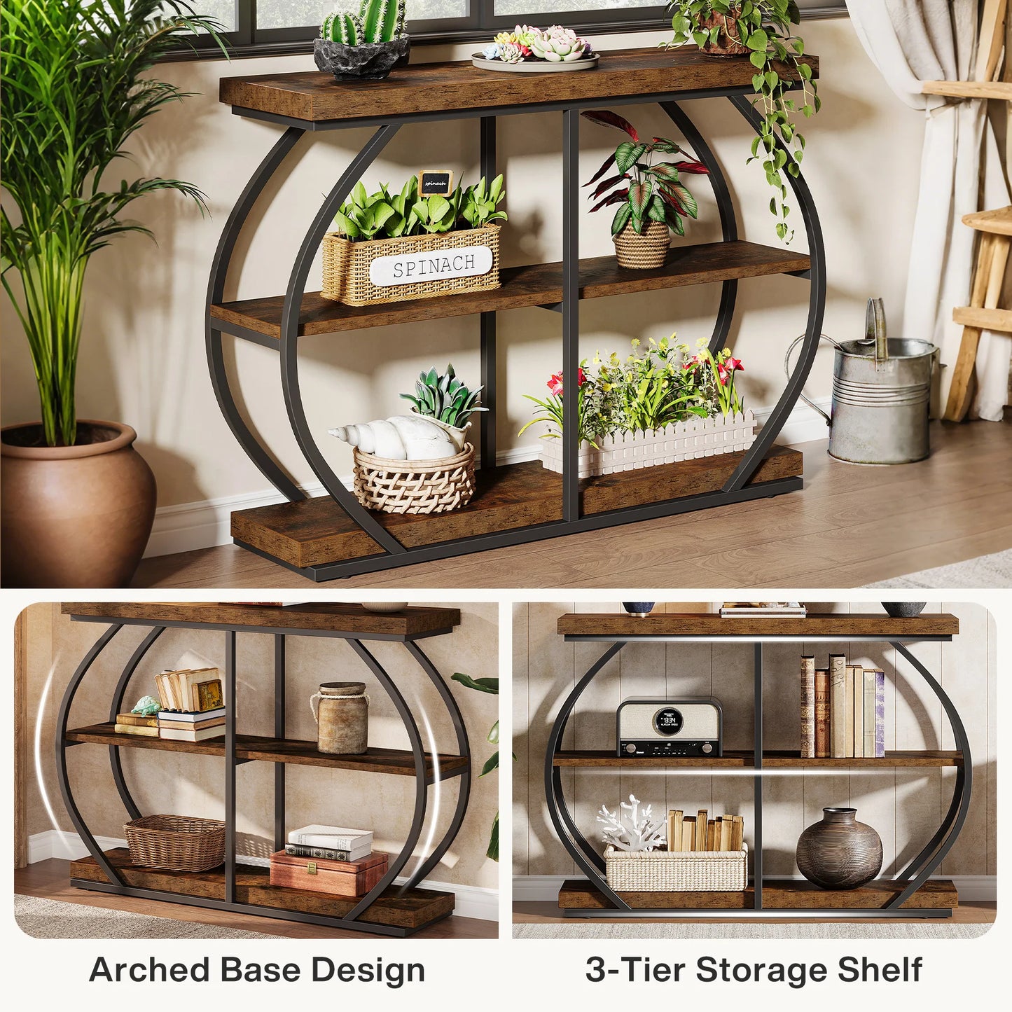 Tribesigns Industrial Console Table Arched Metal Frame With Storage Shelves