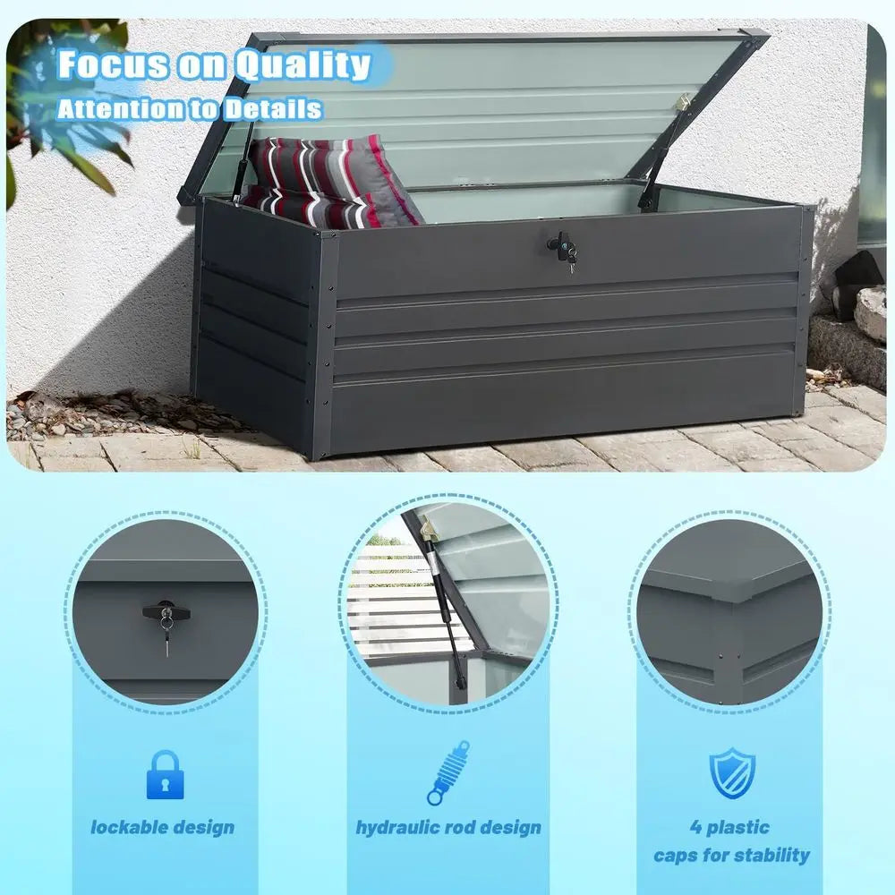 Gallon Waterproof Outdoor Storage Box, Extra Large Outside Metal Deck Storage Box for Patio Cushions, Garden Tools, Pool Suppli