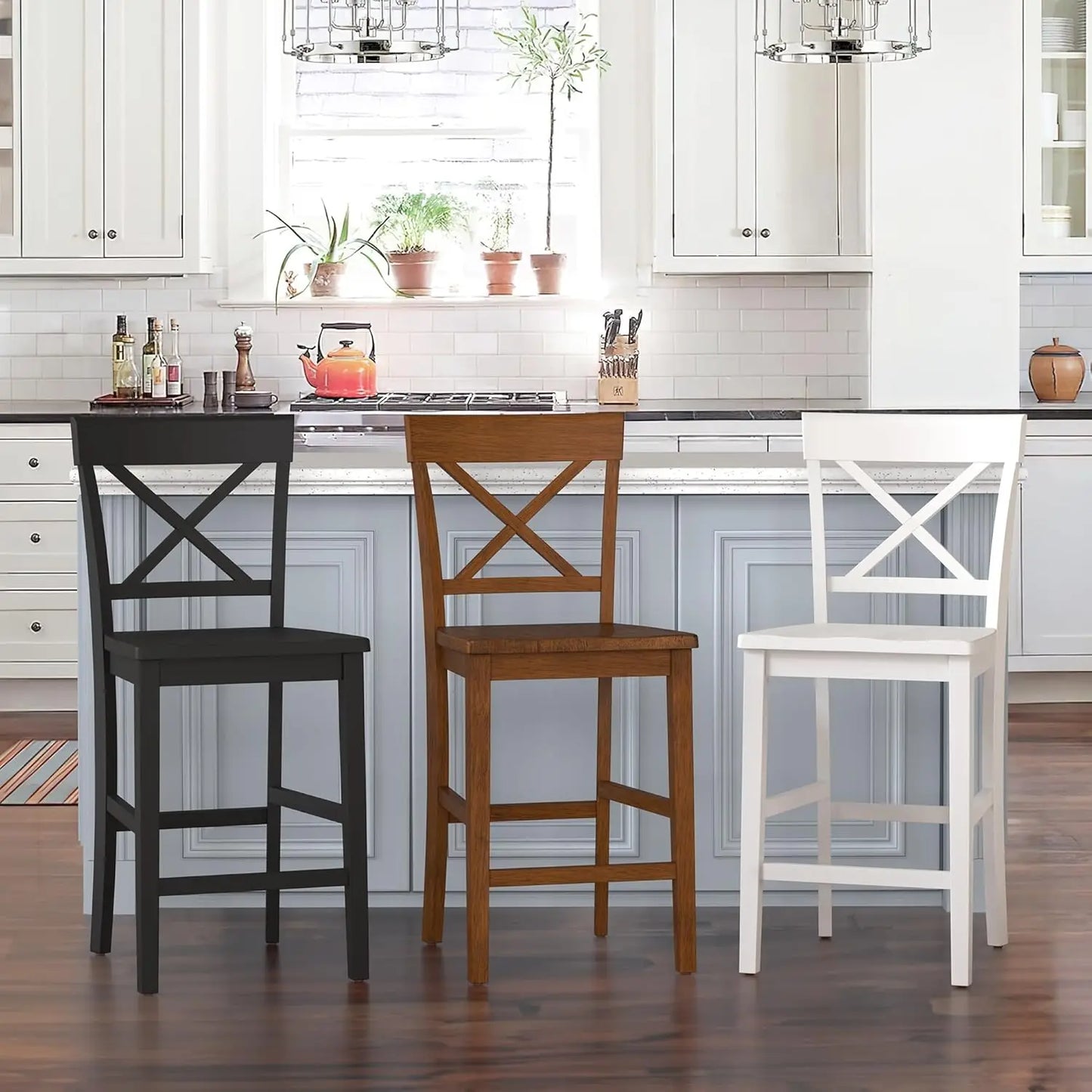 Wooden Counter Stools Set Of 4 X Back With Back And Footrest For Kitchen Island