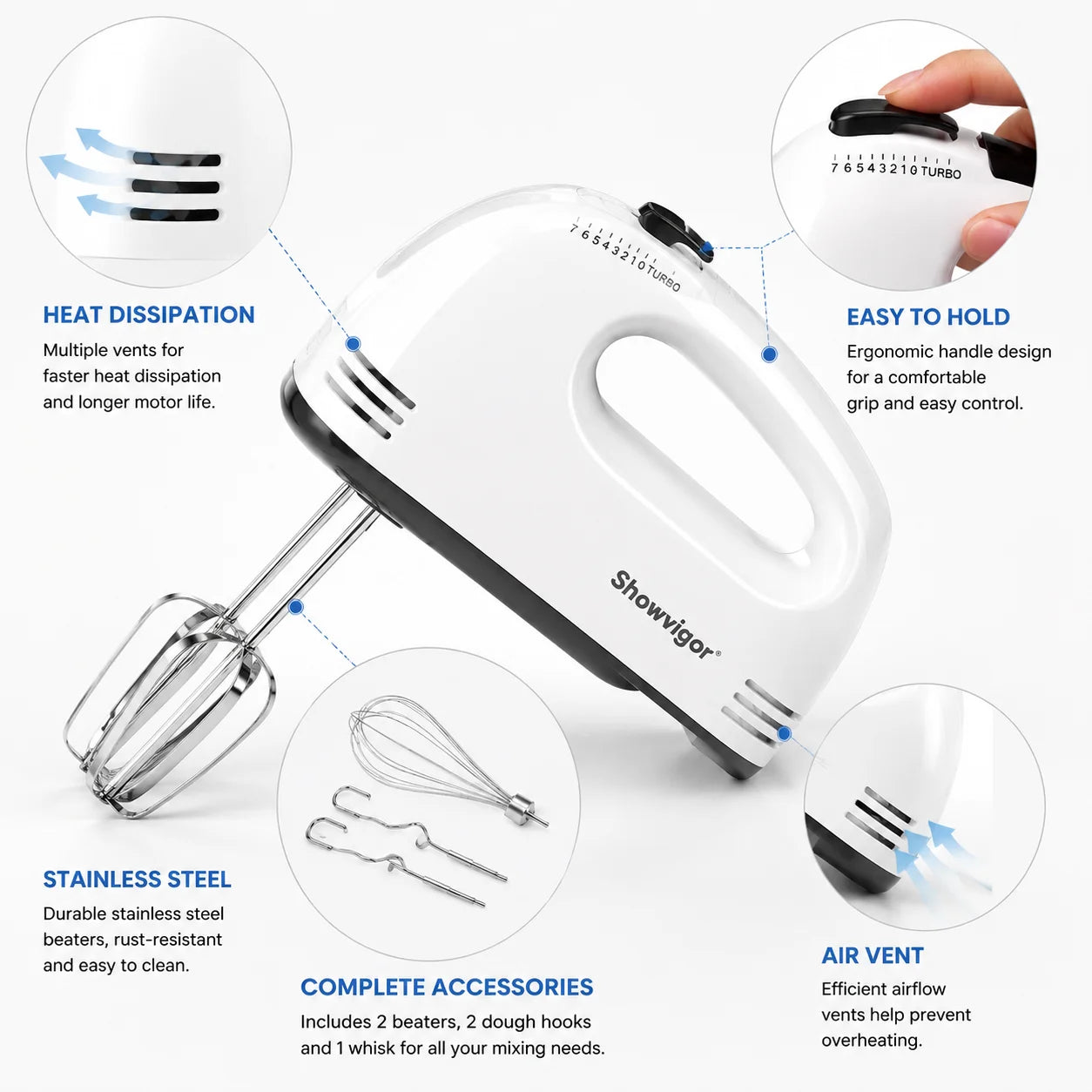 Portable Electric Handheld Mixer With 5 Stainless Steel Attachments