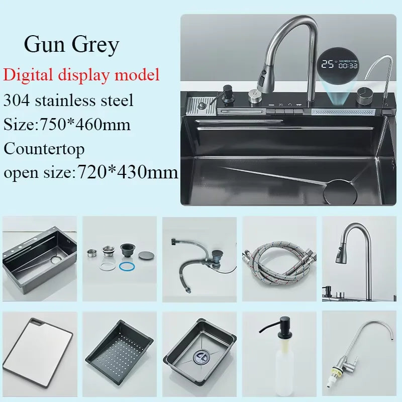 Shinesia Stainless Steel Waterfall Kitchen Faucet With Soap Dispenser