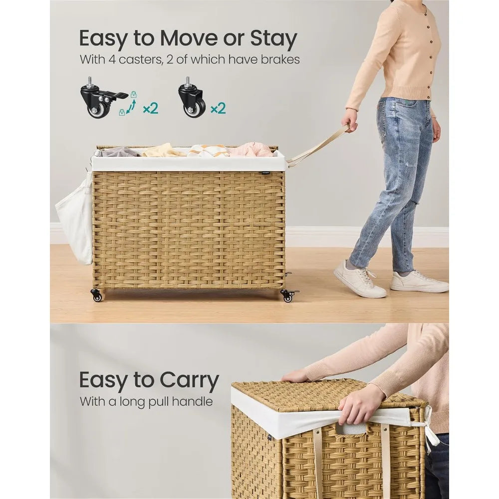 4 Section Rolling Laundry Hamper Lid Wheels Removable Liner