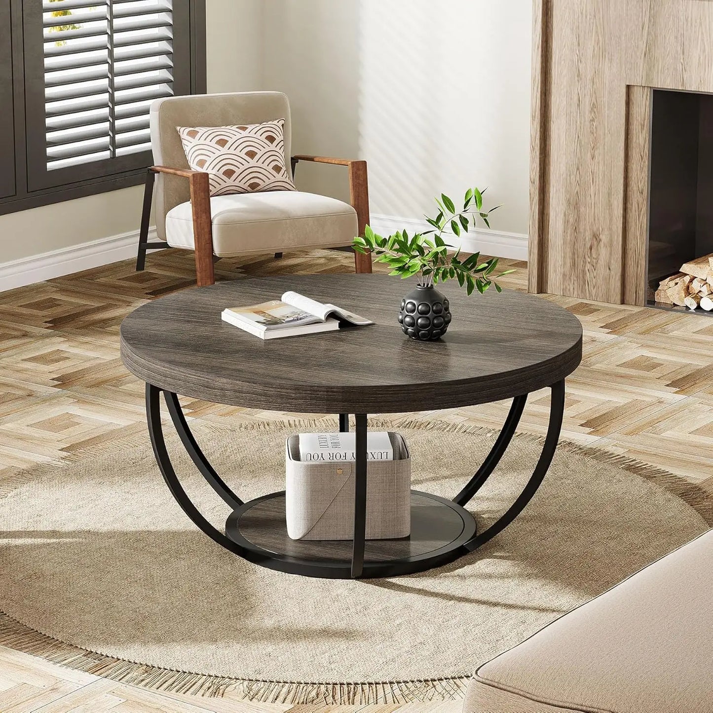 Little Tree Circle Marble Coffee Table With Gold Metal Legs Open Storage