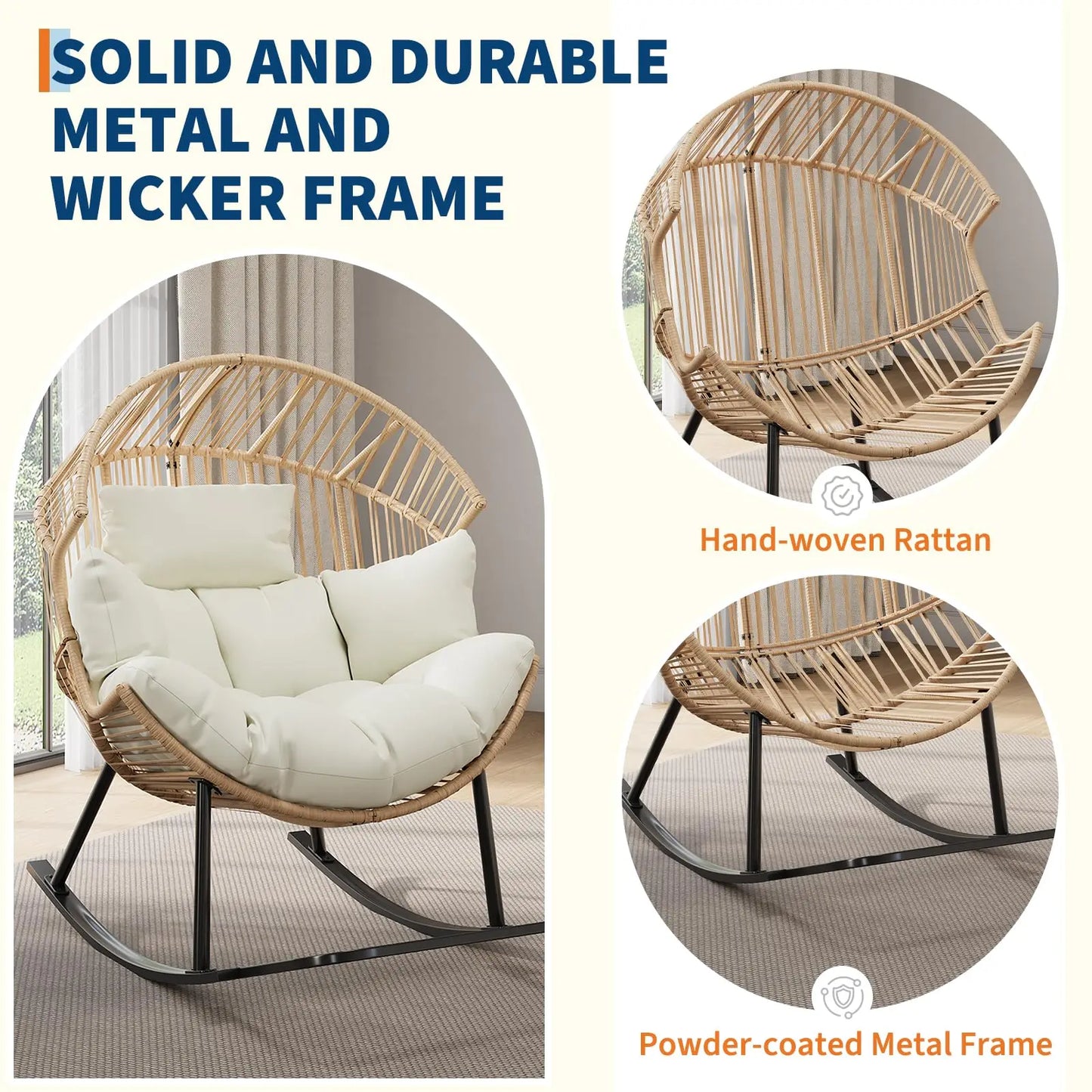 HobbyLane Papasan Rocking Chair With Wicker Egg Lounge Cushioned Seat