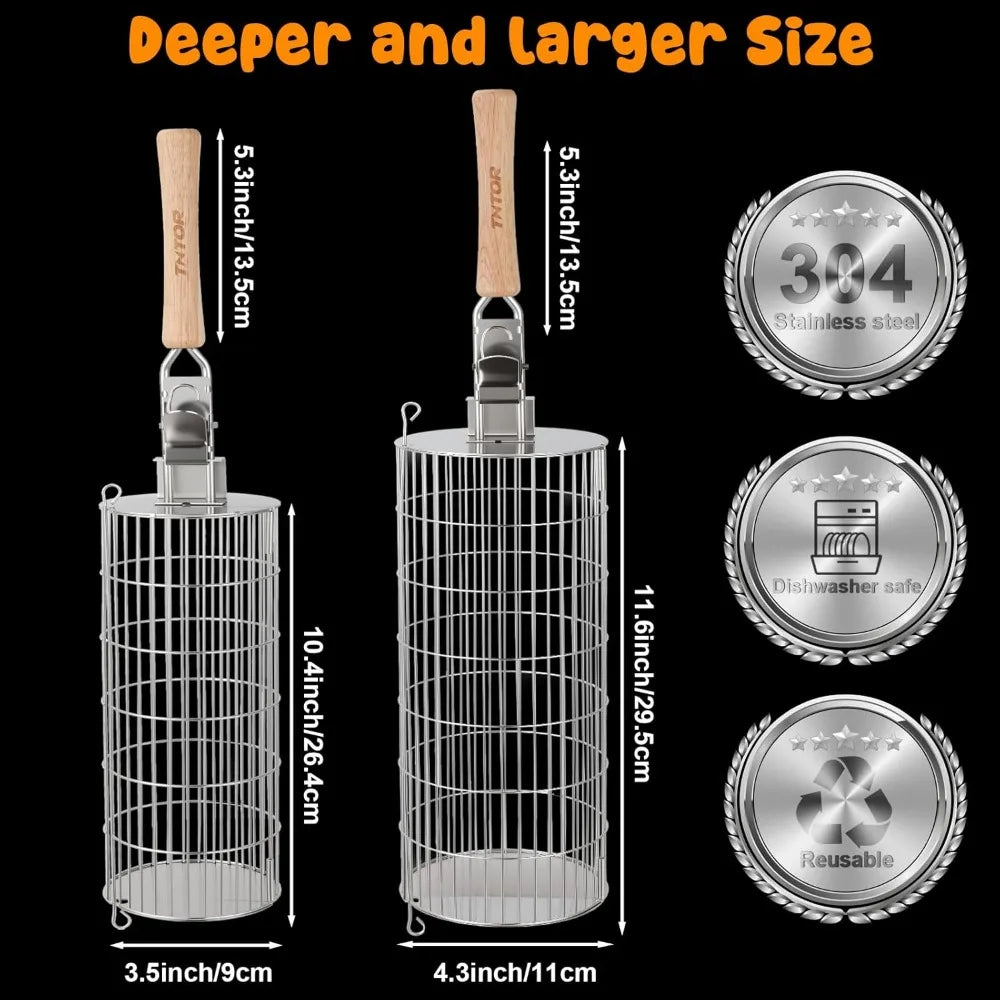 XIUWO Stainless Steel Rolling Grill Basket With Removable Handle Veggies